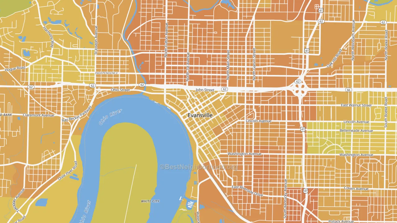 Map of the best neighborhoods in the 47708 area, with better matches in green and worse matches in red