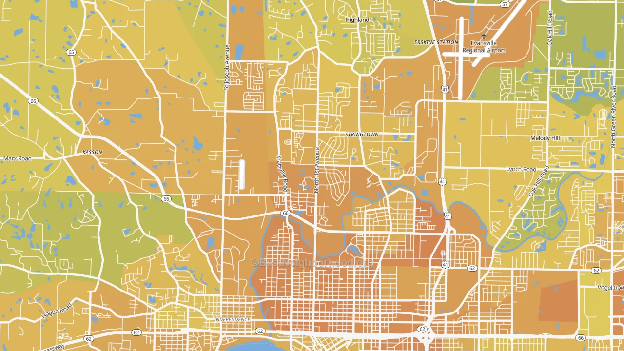 Map of the best neighborhoods in the 47710 area, with better matches in green and worse matches in red