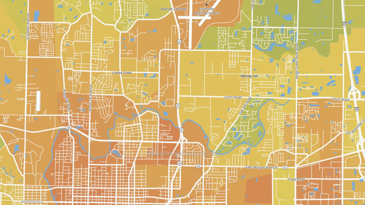 Map of the best neighborhoods in the 47711 area, with better matches in green and worse matches in red