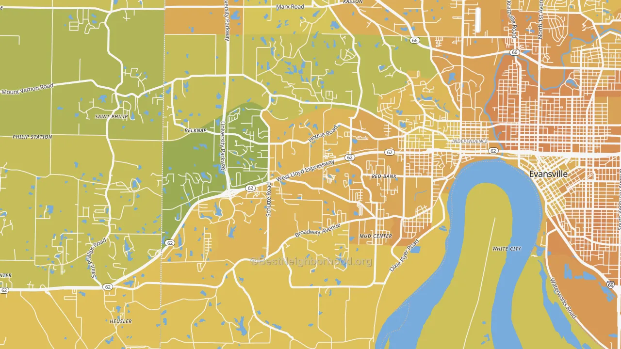 Map of the best neighborhoods in the 47712 area, with better matches in green and worse matches in red