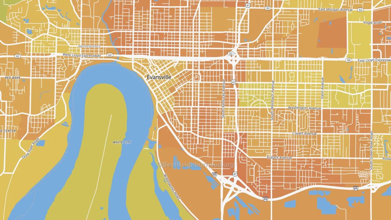 Map of the best neighborhoods in the 47713 area, with better matches in green and worse matches in red