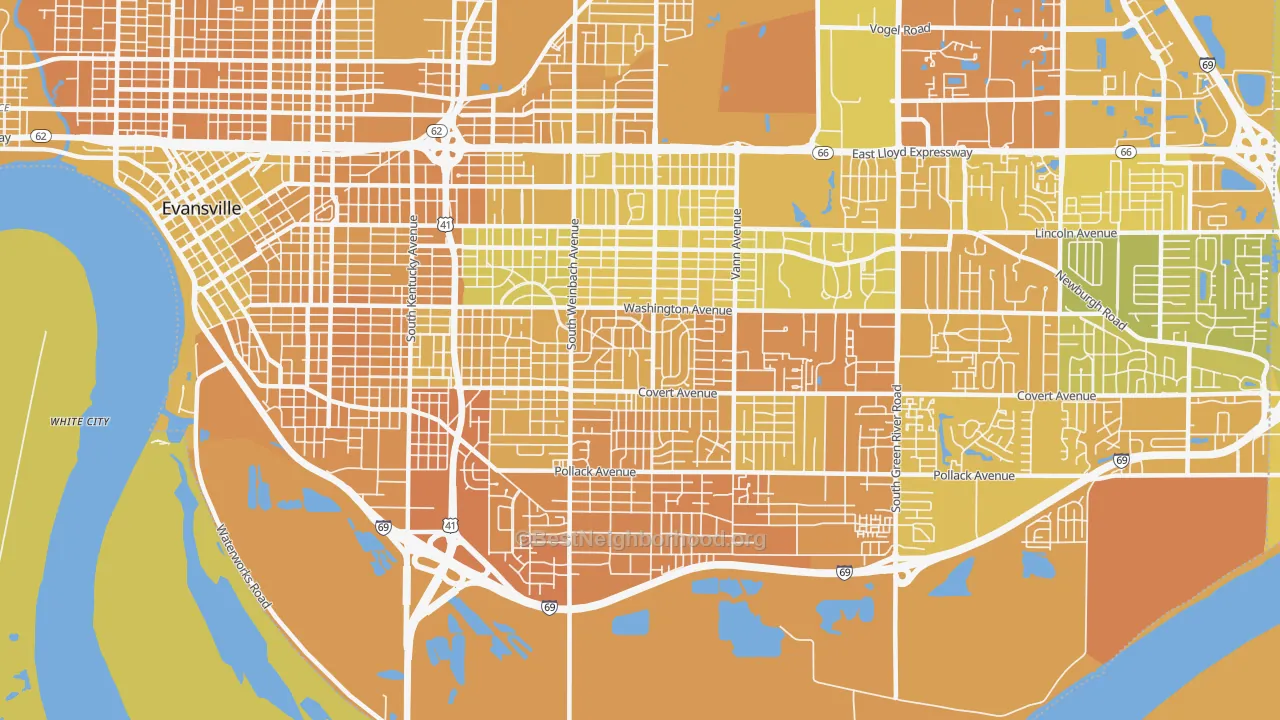Map of the best neighborhoods in the 47714 area, with better matches in green and worse matches in red