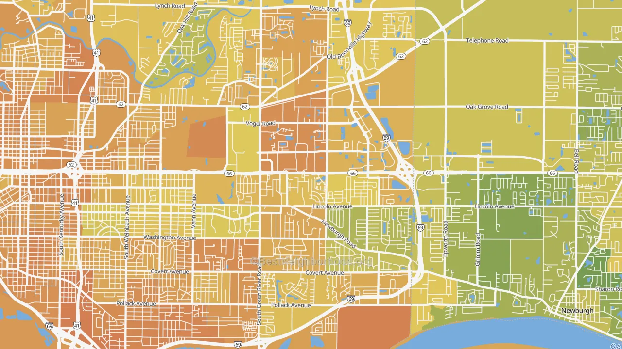 Map of the best neighborhoods in the 47715 area, with better matches in green and worse matches in red