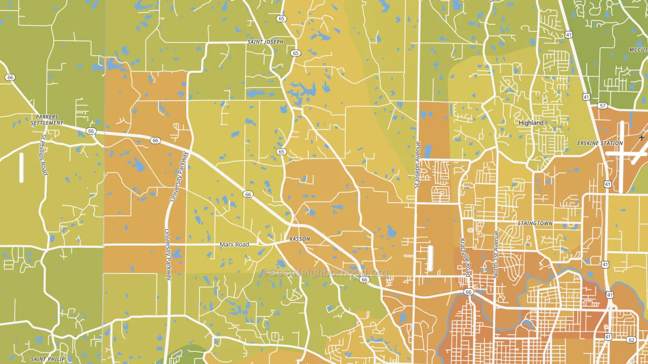 Map of the best neighborhoods in the 47720 area, with better matches in green and worse matches in red