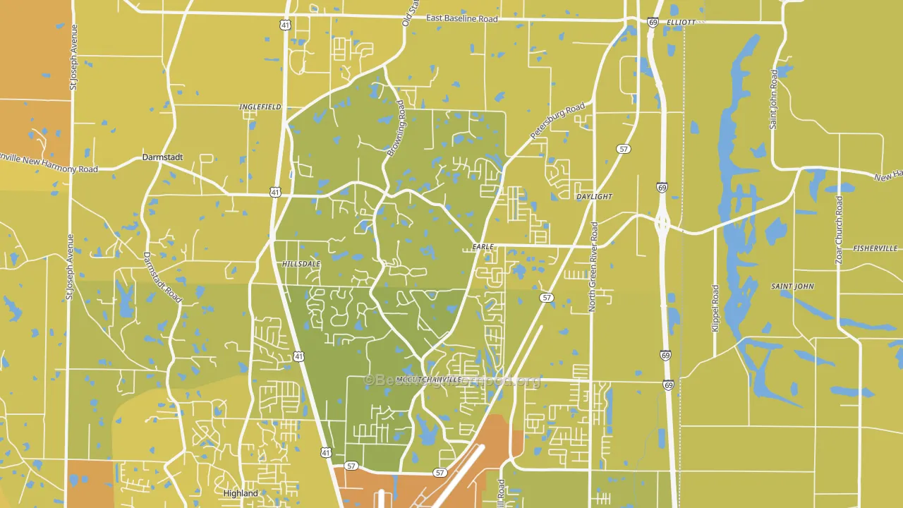 Map of the best neighborhoods in the 47725 area, with better matches in green and worse matches in red
