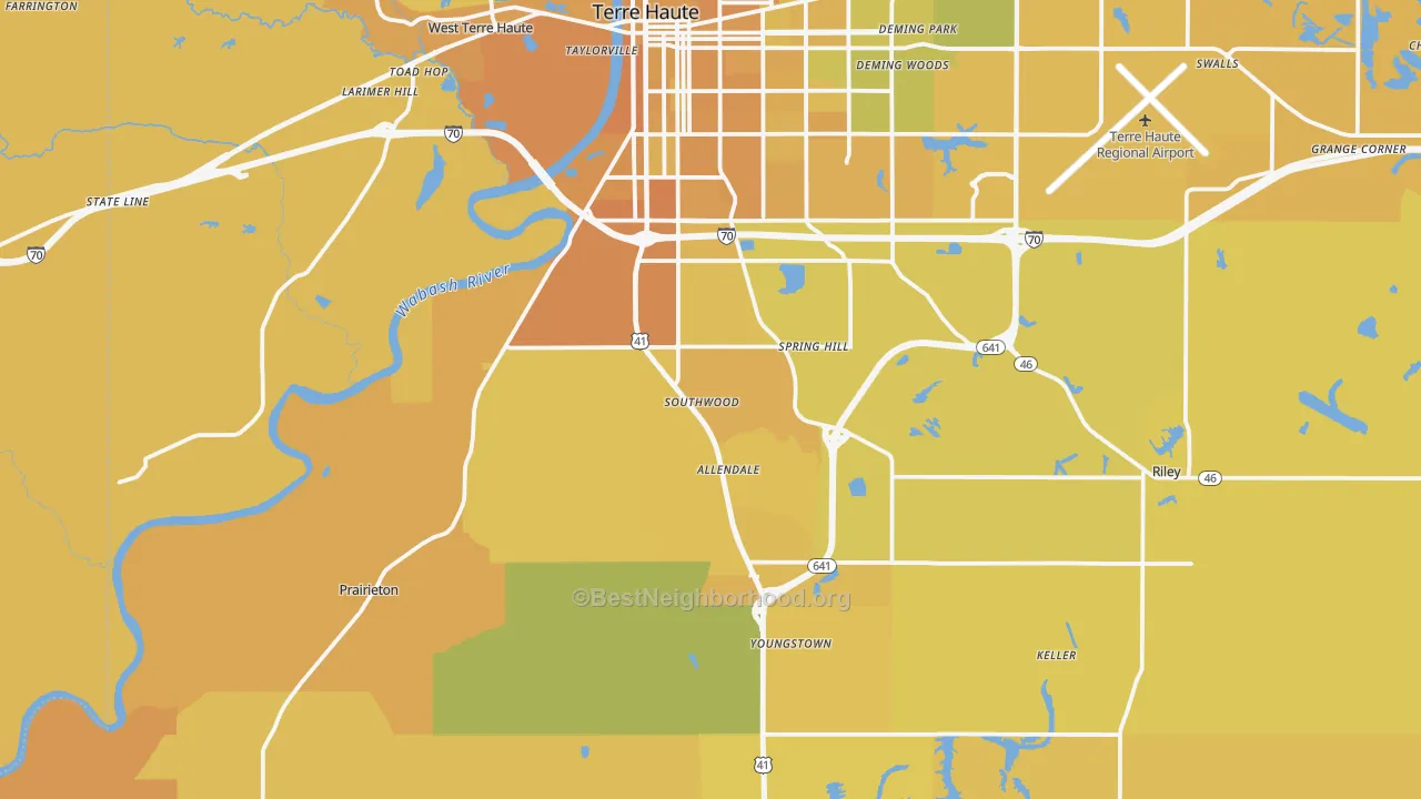 Map of the best neighborhoods in the 47802 area, with better matches in green and worse matches in red