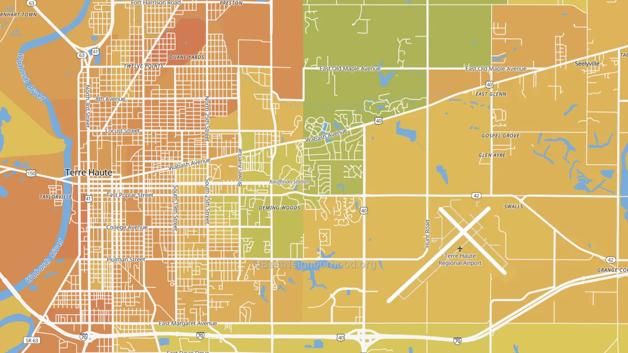 Map of the best neighborhoods in the 47803 area, with better matches in green and worse matches in red