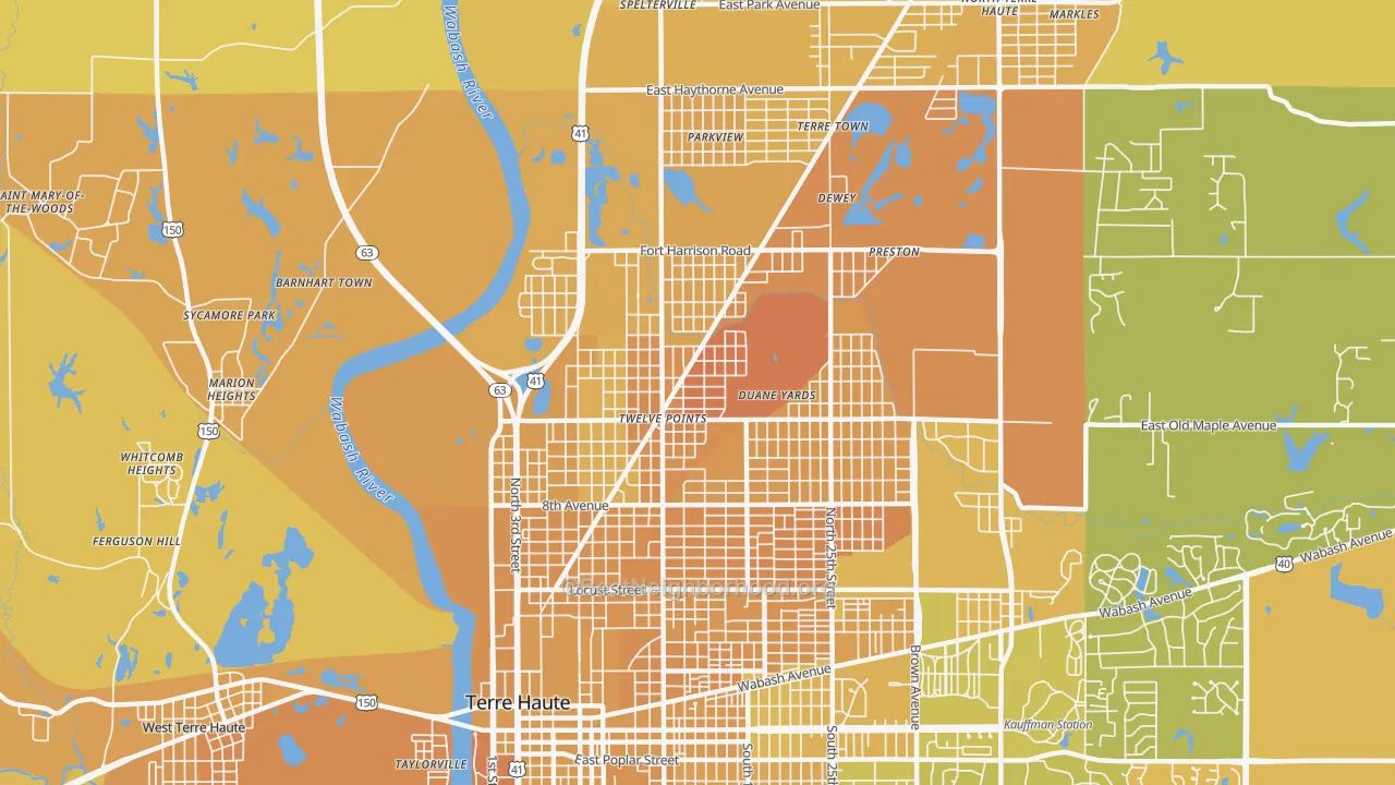 Map of the best neighborhoods in the 47804 area, with better matches in green and worse matches in red
