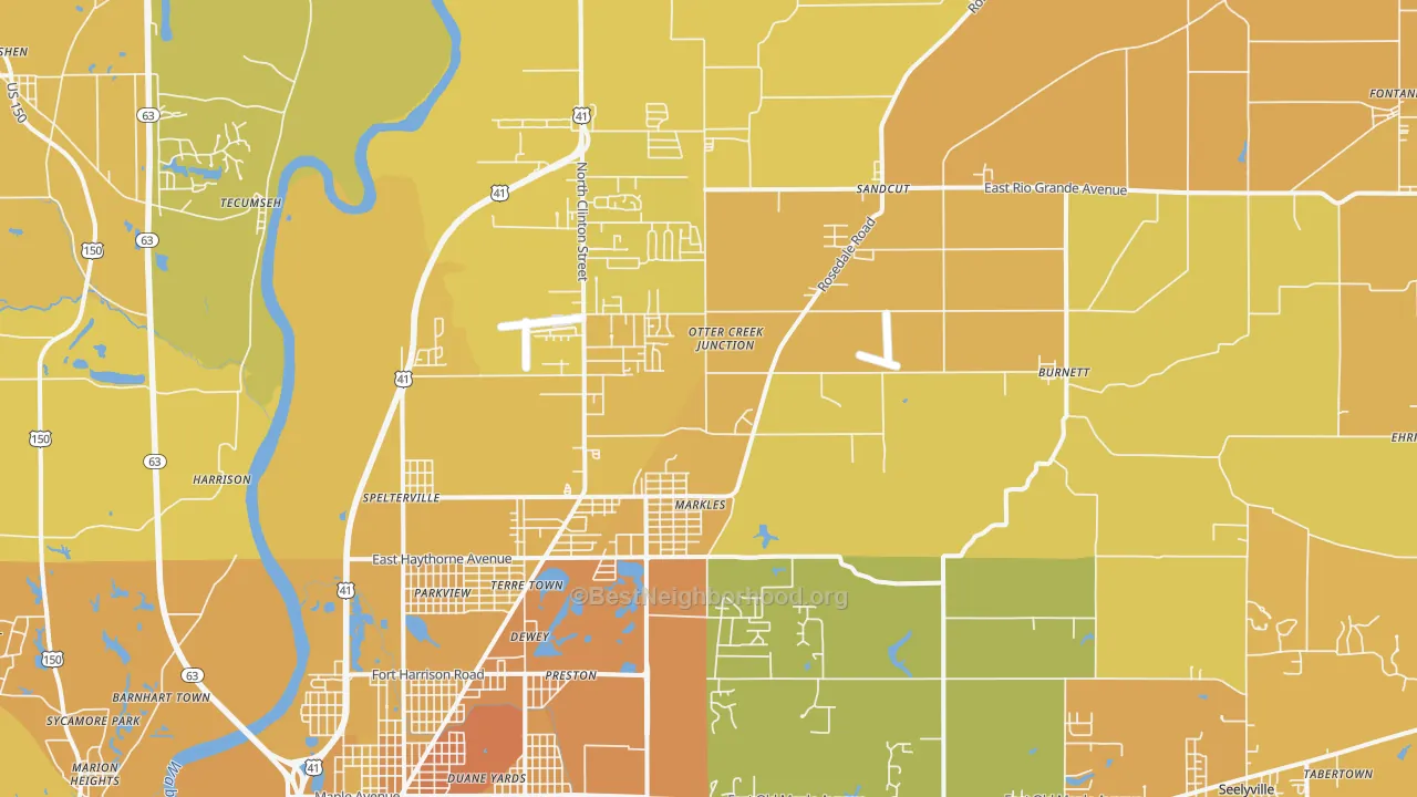 Map of the best neighborhoods in the 47805 area, with better matches in green and worse matches in red