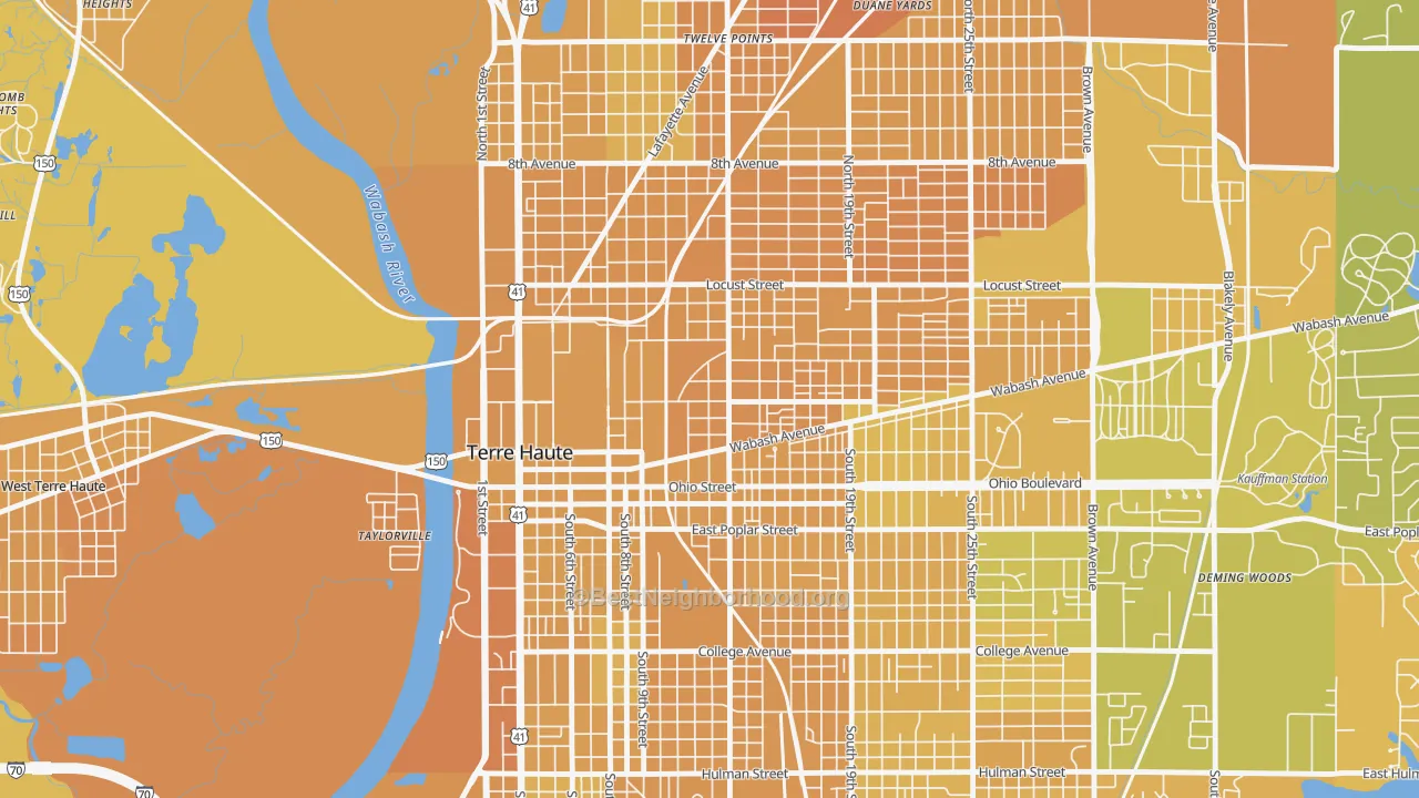 Map of the best neighborhoods in the 47807 area, with better matches in green and worse matches in red