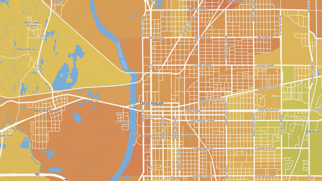 Map of the best neighborhoods in the 47809 area, with better matches in green and worse matches in red