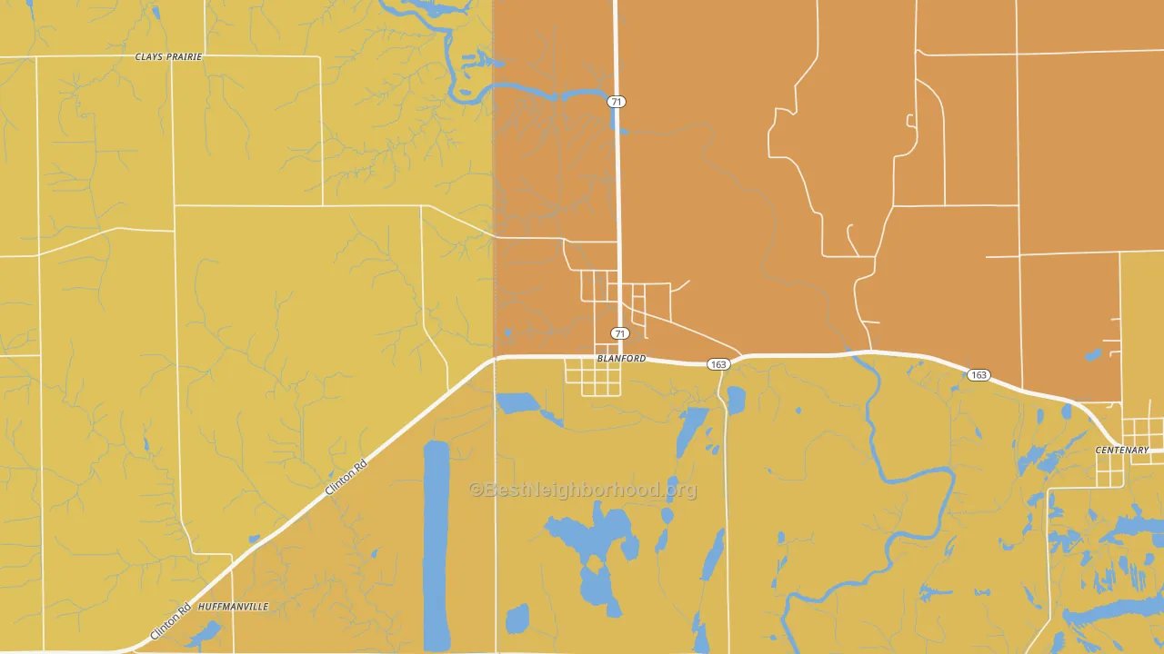 Map of the best neighborhoods in the 47831 area, with better matches in green and worse matches in red
