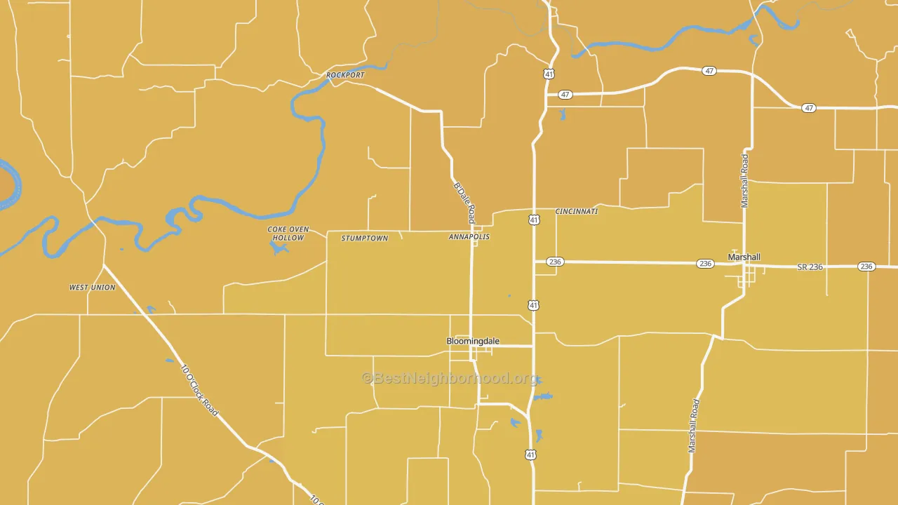 Map of the best neighborhoods in the 47832 area, with better matches in green and worse matches in red