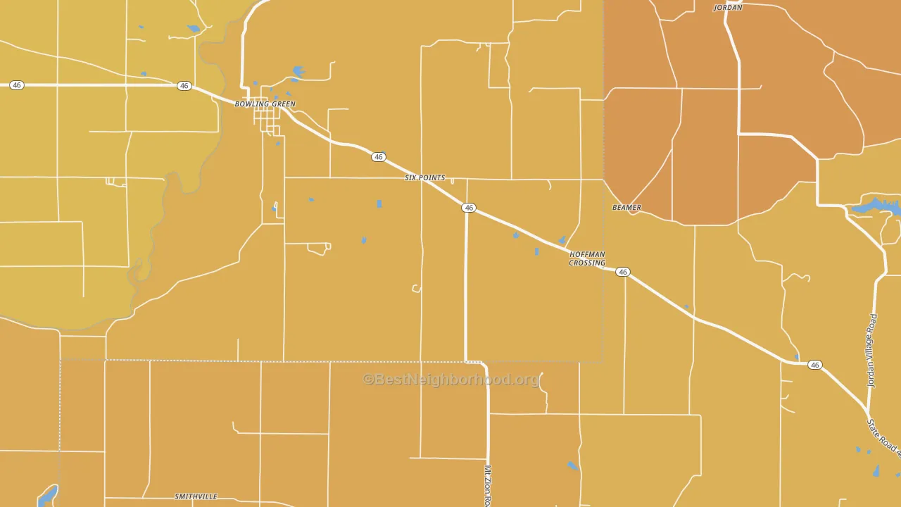 Map of the best neighborhoods in the 47833 area, with better matches in green and worse matches in red