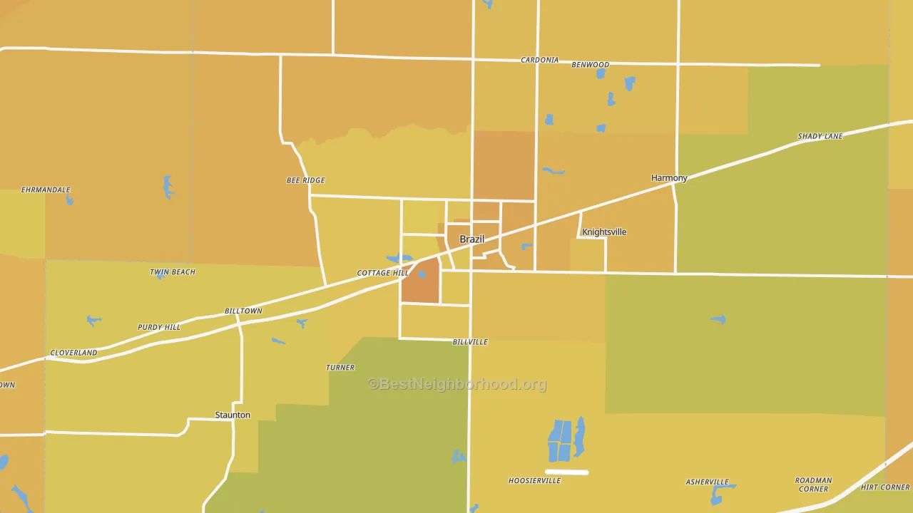 Map of the best neighborhoods in the 47834 area, with better matches in green and worse matches in red
