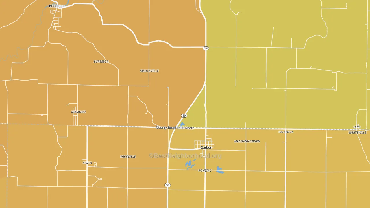 Map of the best neighborhoods in the 47837 area, with better matches in green and worse matches in red