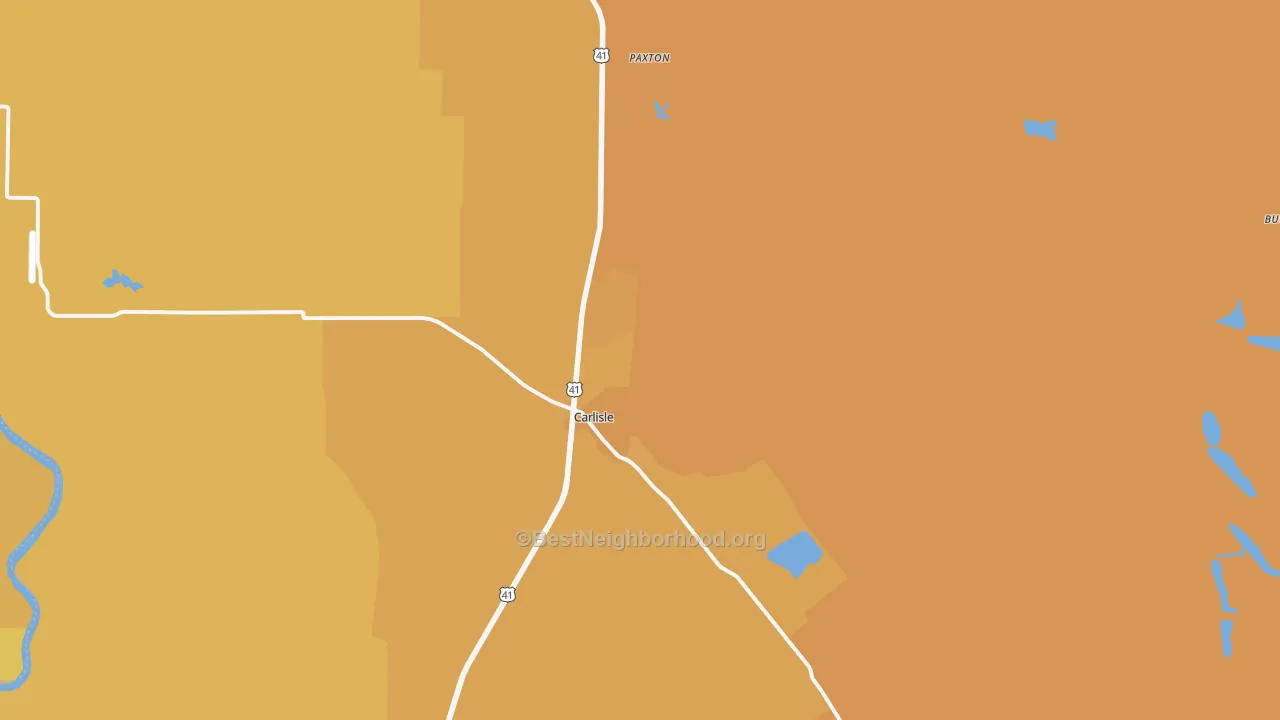 Map of the best neighborhoods in the 47838 area, with better matches in green and worse matches in red