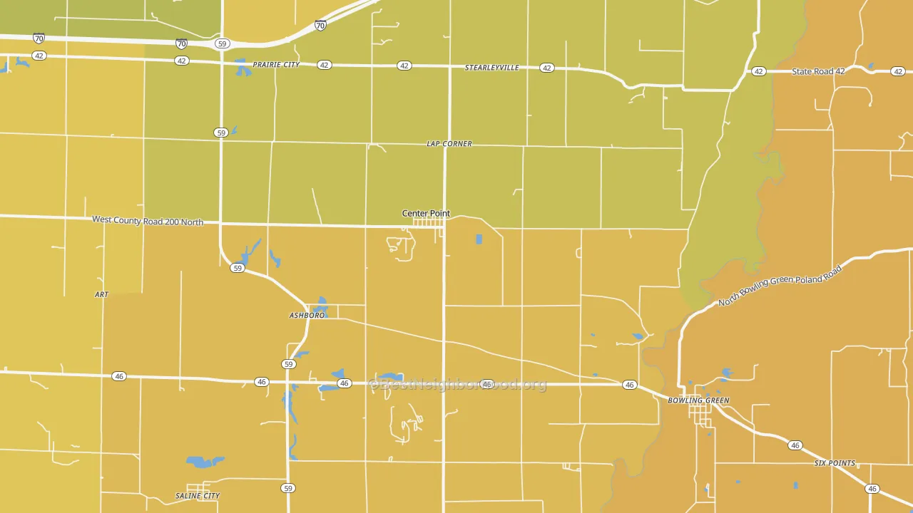 Map of the best neighborhoods in the 47840 area, with better matches in green and worse matches in red