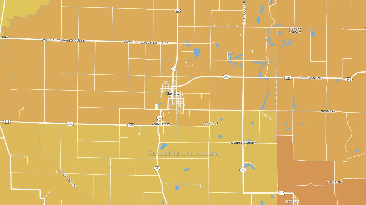 Map of the best neighborhoods in the 47841 area, with better matches in green and worse matches in red