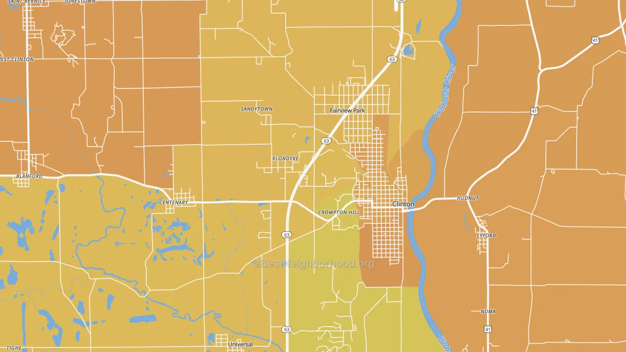 Map of the best neighborhoods in the 47842 area, with better matches in green and worse matches in red