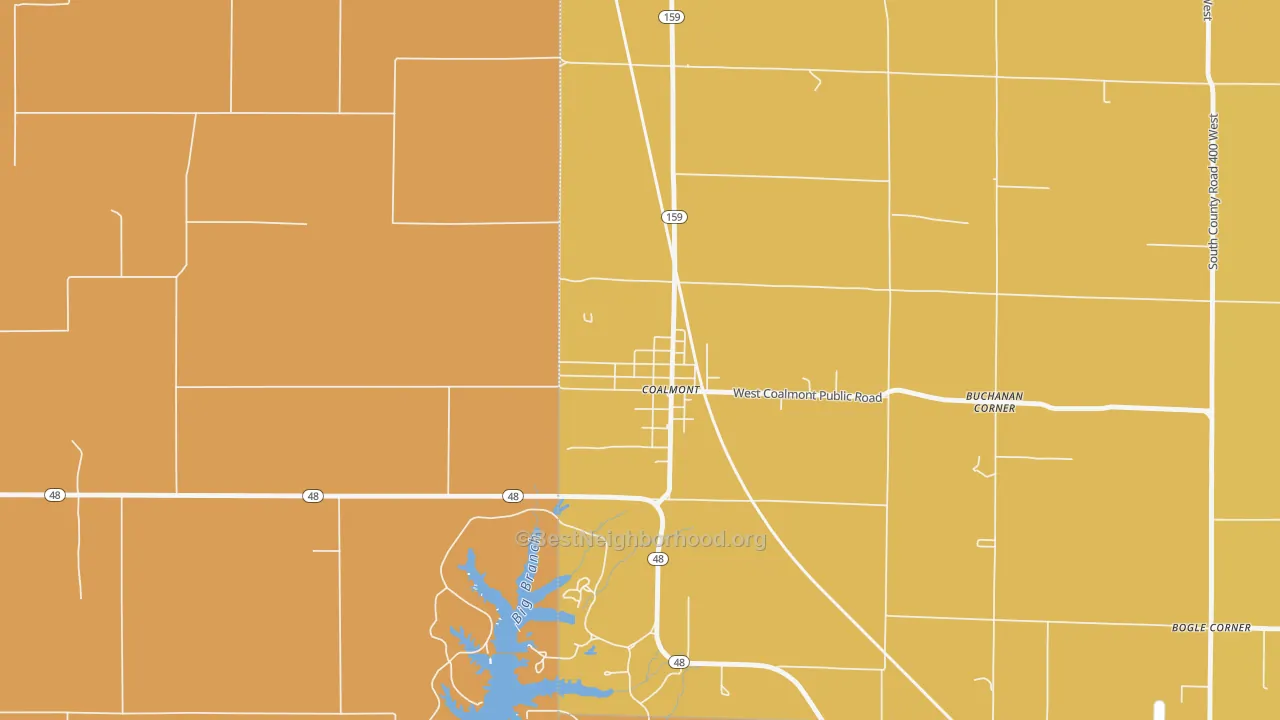 Map of the best neighborhoods in the 47845 area, with better matches in green and worse matches in red