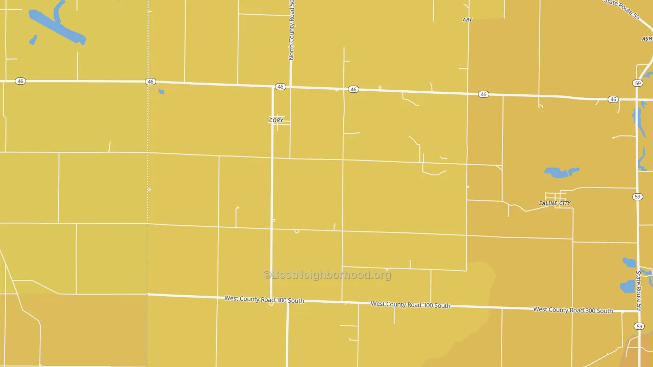 Map of the best neighborhoods in the 47846 area, with better matches in green and worse matches in red