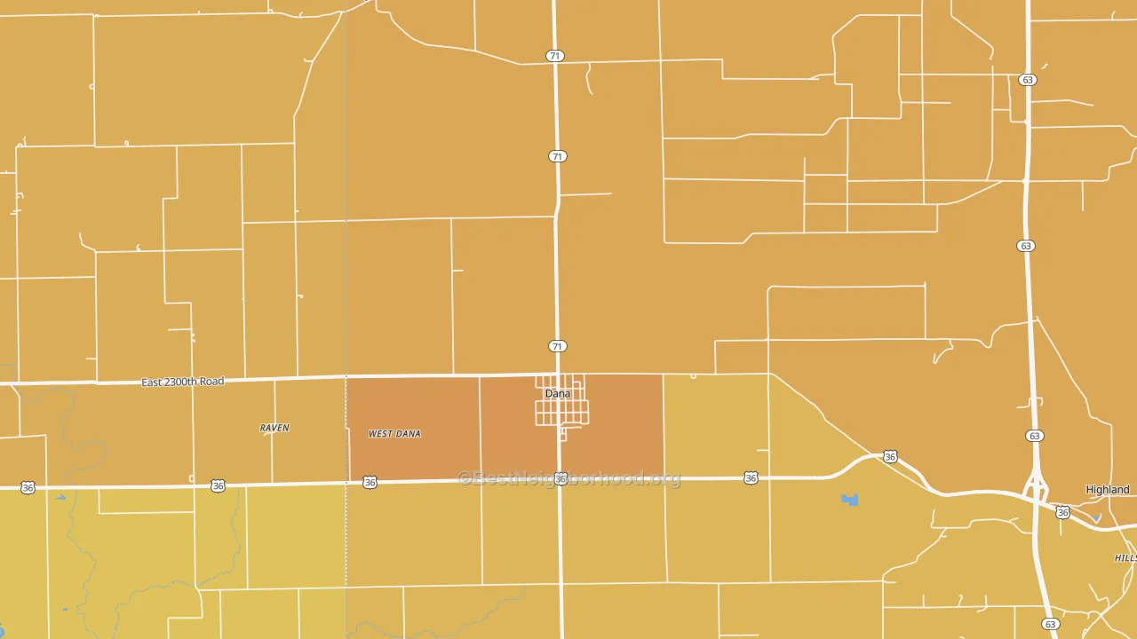 Map of the best neighborhoods in the 47847 area, with better matches in green and worse matches in red