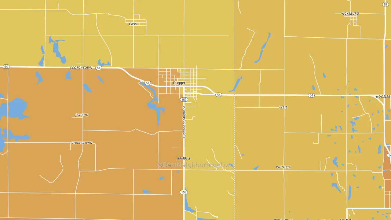 Map of the best neighborhoods in the 47848 area, with better matches in green and worse matches in red