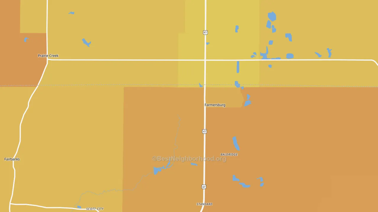 Map of the best neighborhoods in the 47850 area, with better matches in green and worse matches in red