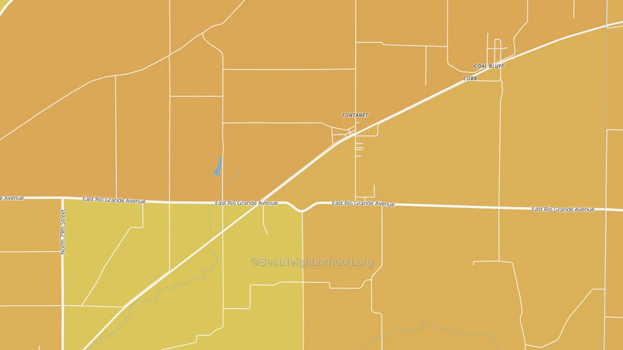 Map of the best neighborhoods in the 47851 area, with better matches in green and worse matches in red