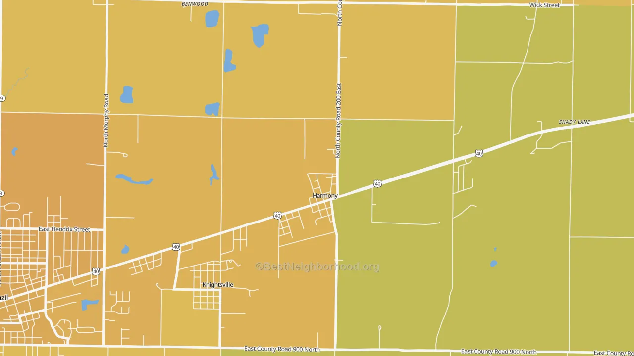 Map of the best neighborhoods in the 47853 area, with better matches in green and worse matches in red