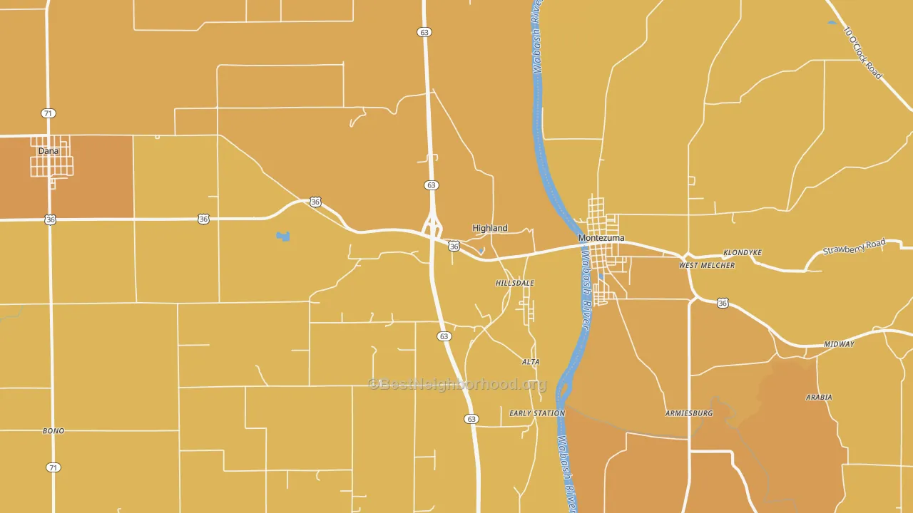 Map of the best neighborhoods in the 47854 area, with better matches in green and worse matches in red