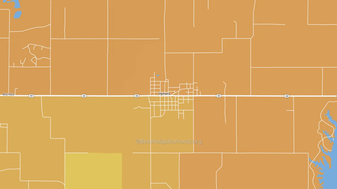 Map of the best neighborhoods in the 47855 area, with better matches in green and worse matches in red