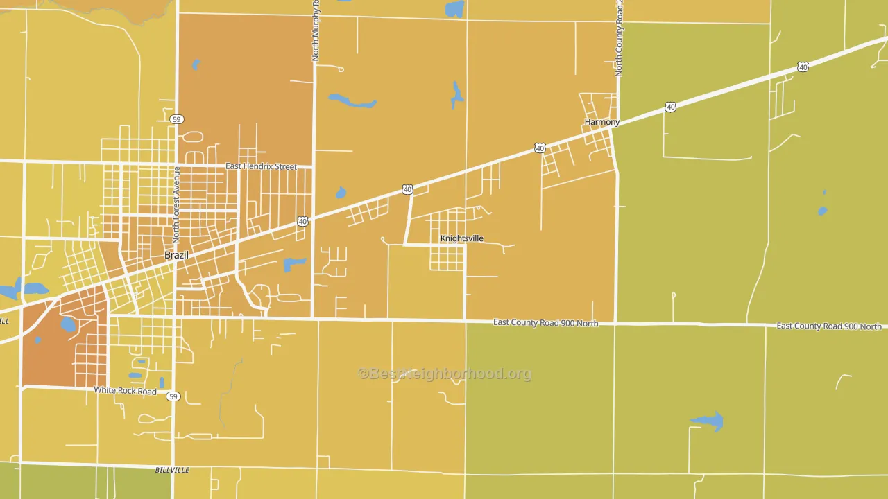 Map of the best neighborhoods in the 47857 area, with better matches in green and worse matches in red