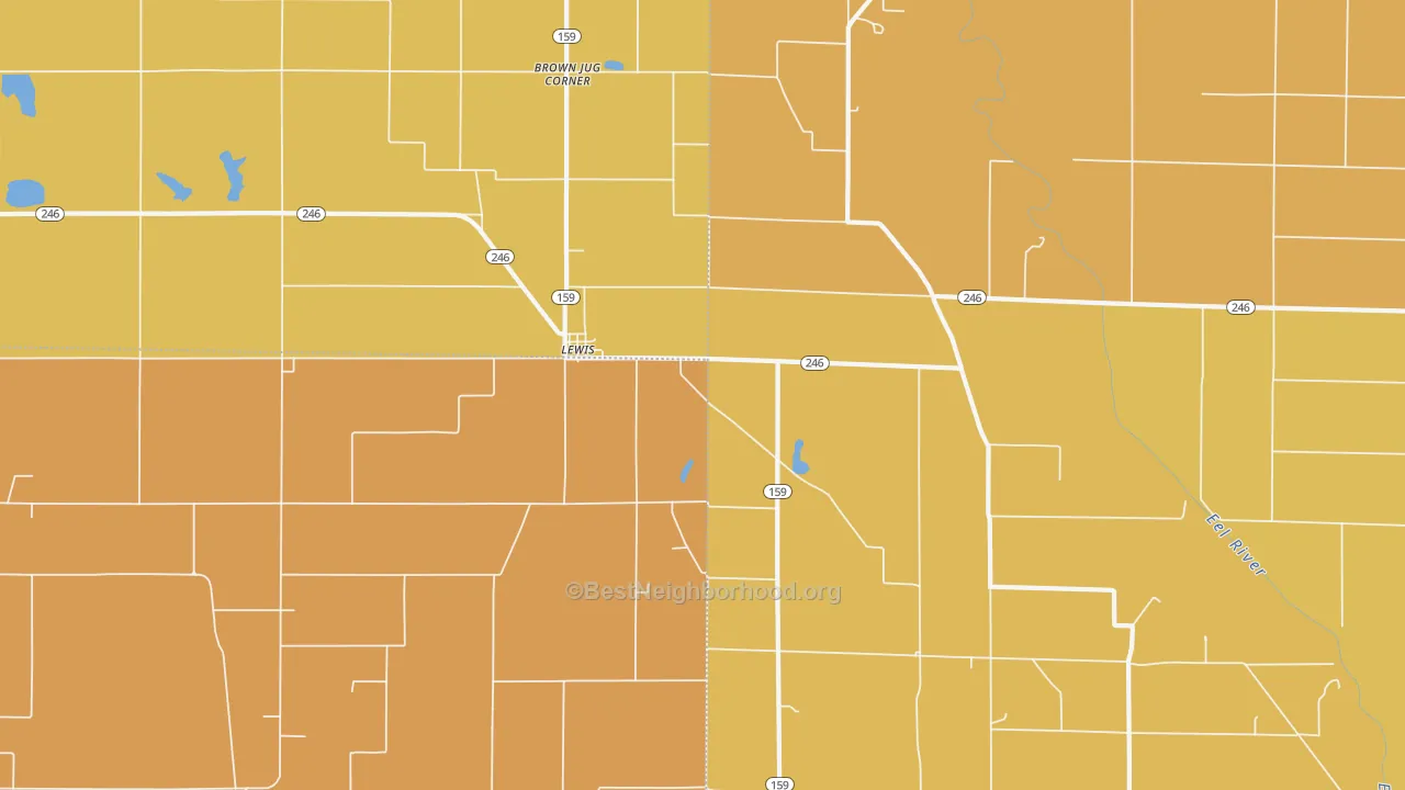 Map of the best neighborhoods in the 47858 area, with better matches in green and worse matches in red