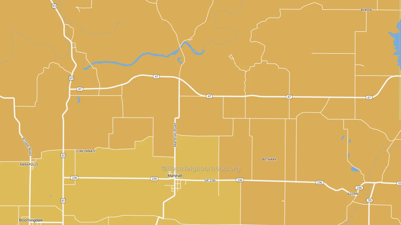 Map of the best neighborhoods in the 47859 area, with better matches in green and worse matches in red