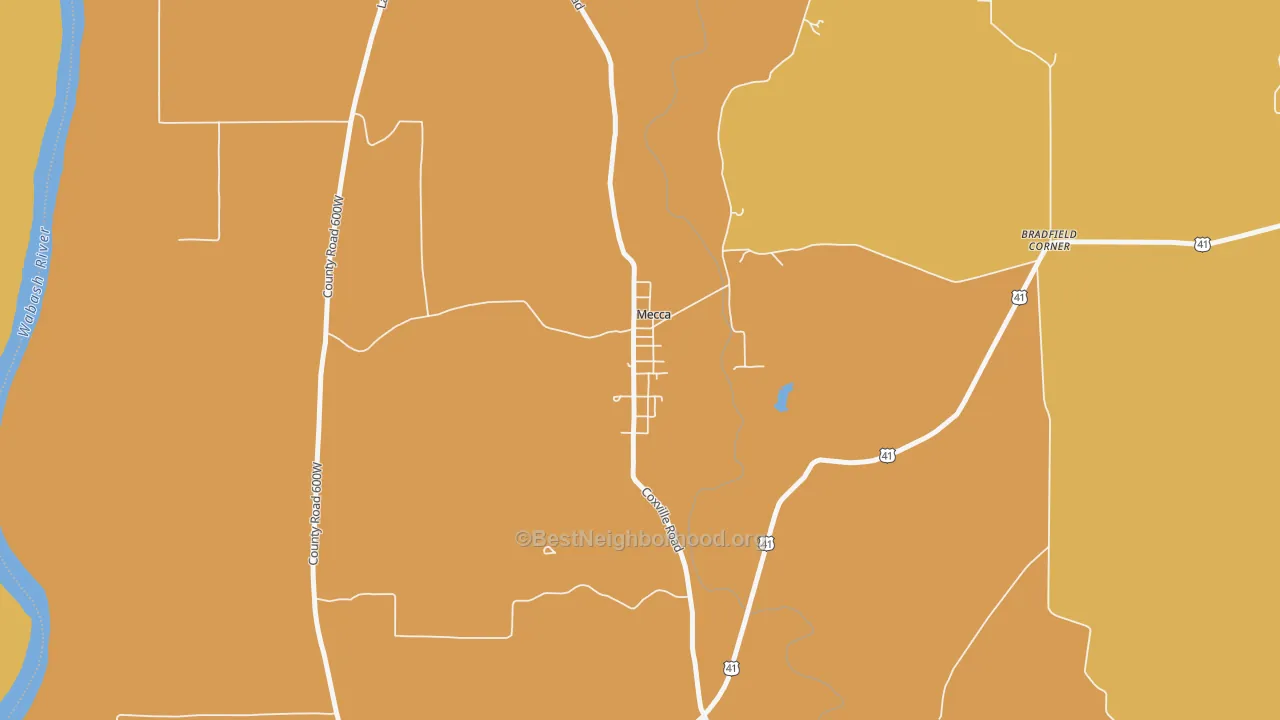 Map of the best neighborhoods in the 47860 area, with better matches in green and worse matches in red
