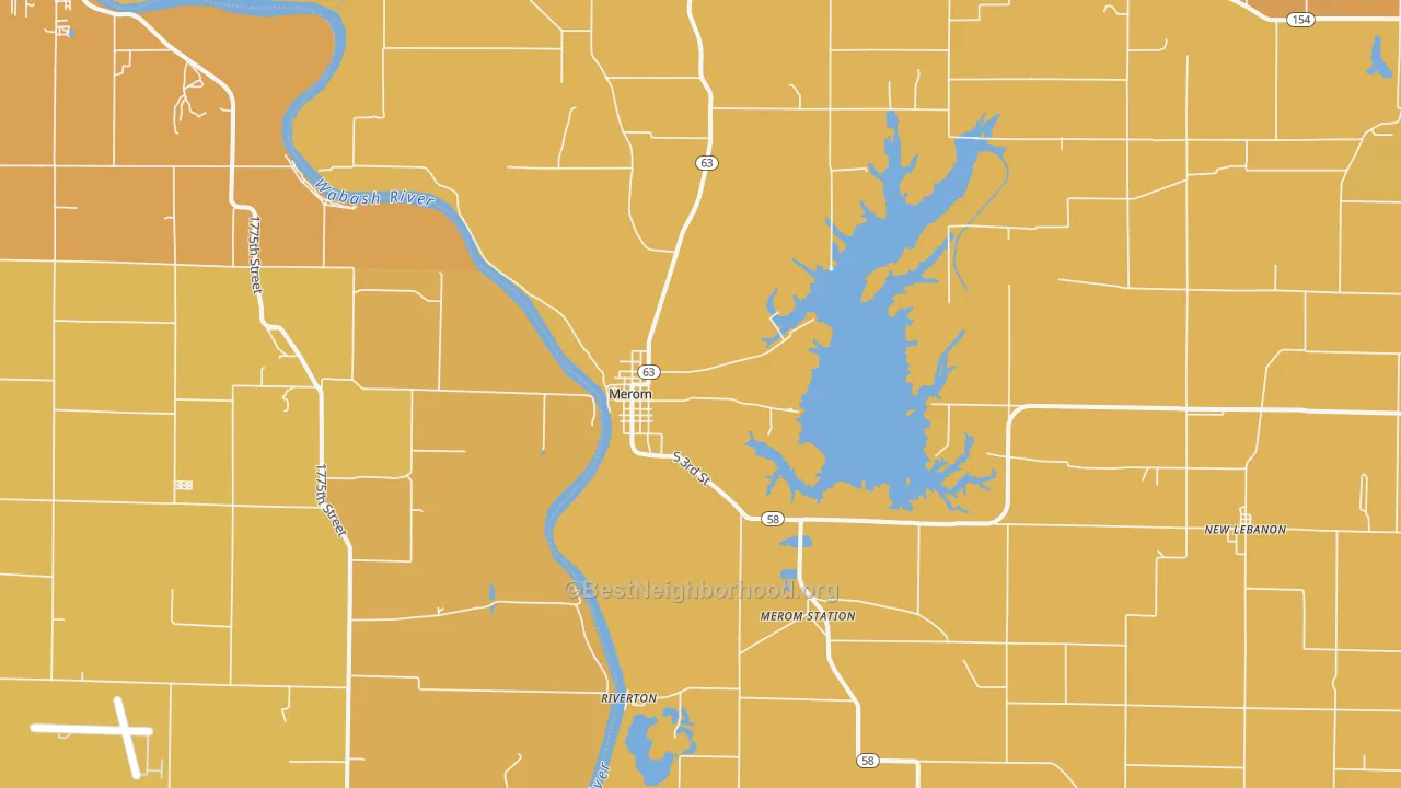 Map of the best neighborhoods in the 47861 area, with better matches in green and worse matches in red