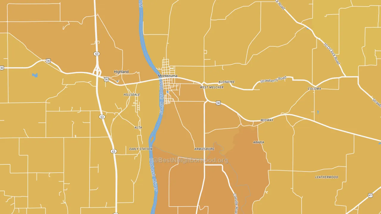 Map of the best neighborhoods in the 47862 area, with better matches in green and worse matches in red