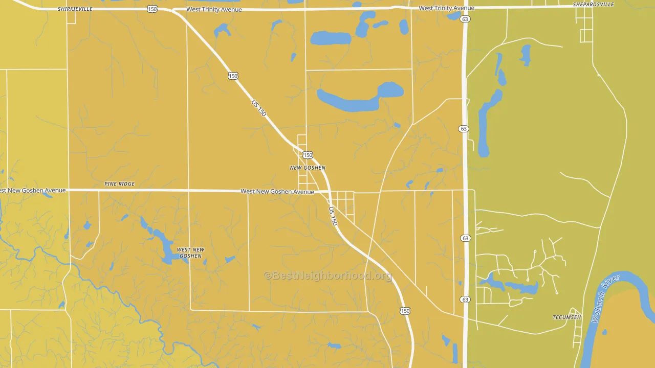 Map of the best neighborhoods in the 47863 area, with better matches in green and worse matches in red
