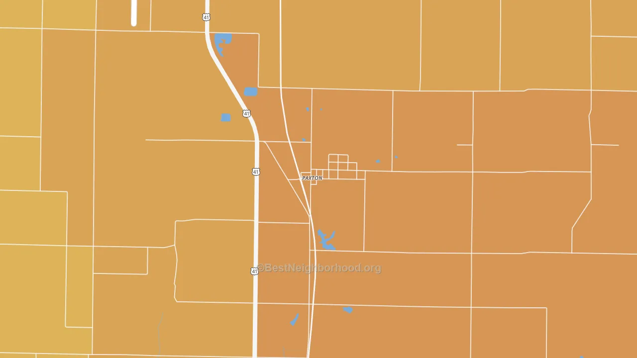 Map of the best neighborhoods in the 47865 area, with better matches in green and worse matches in red