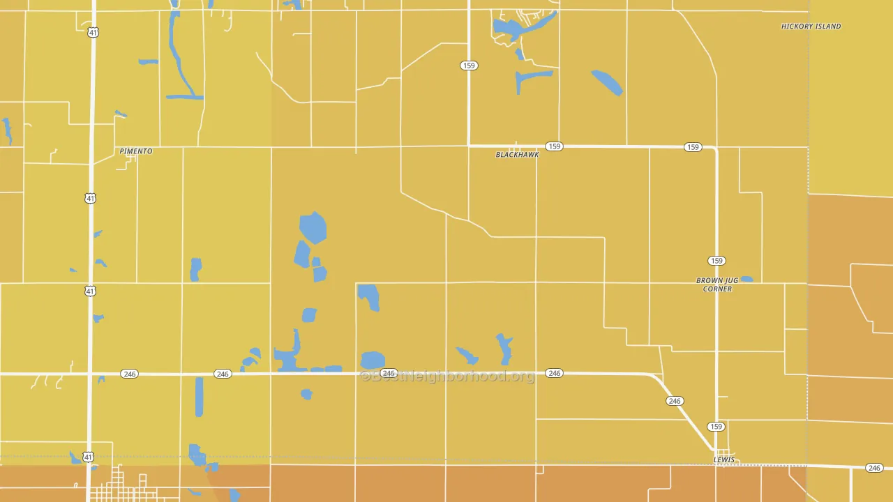 Map of the best neighborhoods in the 47866 area, with better matches in green and worse matches in red