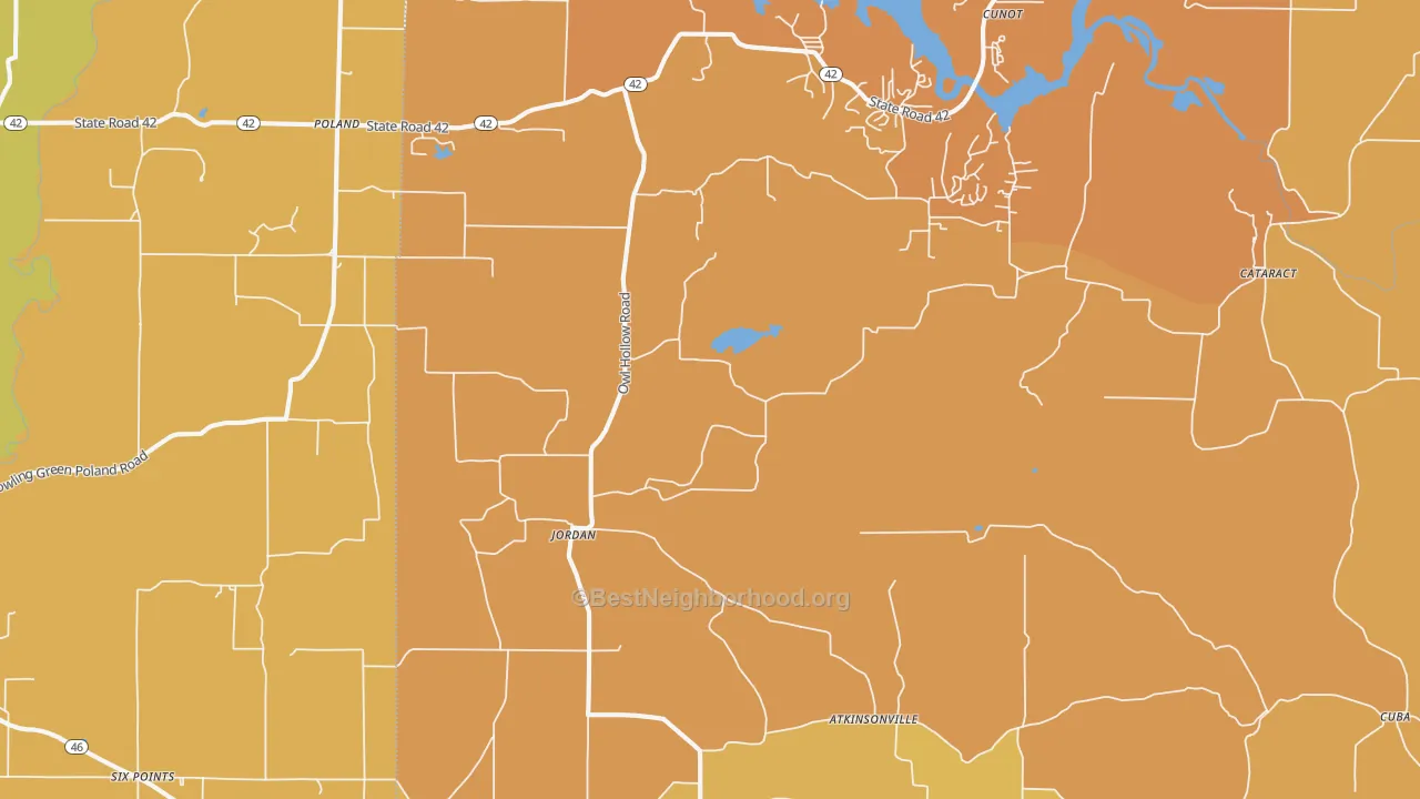 Map of the best neighborhoods in the 47868 area, with better matches in green and worse matches in red