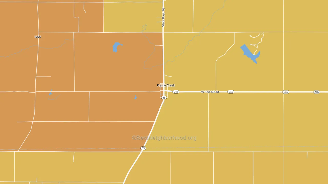 Map of the best neighborhoods in the 47869 area, with better matches in green and worse matches in red