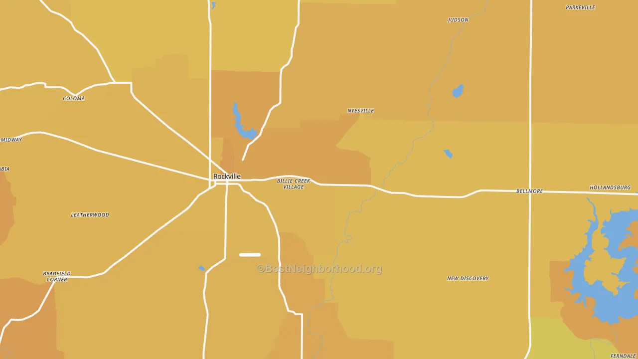 Map of the best neighborhoods in the 47872 area, with better matches in green and worse matches in red