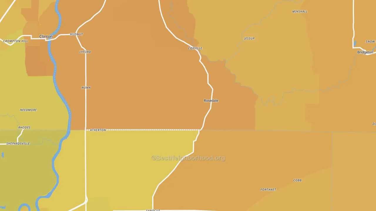 Map of the best neighborhoods in the 47874 area, with better matches in green and worse matches in red