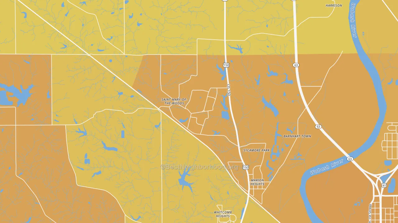 Map of the best neighborhoods in the 47876 area, with better matches in green and worse matches in red