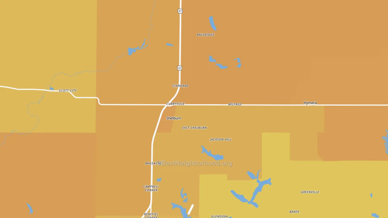 Map of the best neighborhoods in the 47879 area, with better matches in green and worse matches in red