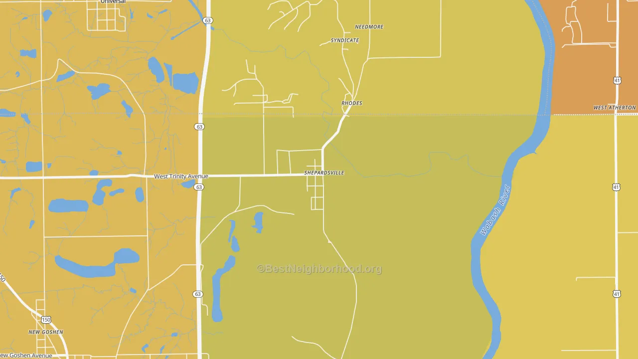 Map of the best neighborhoods in the 47880 area, with better matches in green and worse matches in red