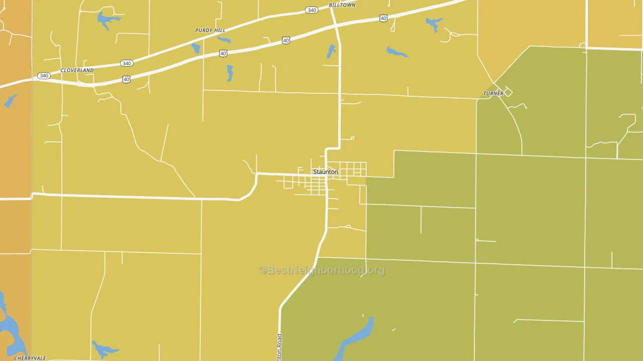 Map of the best neighborhoods in the 47881 area, with better matches in green and worse matches in red